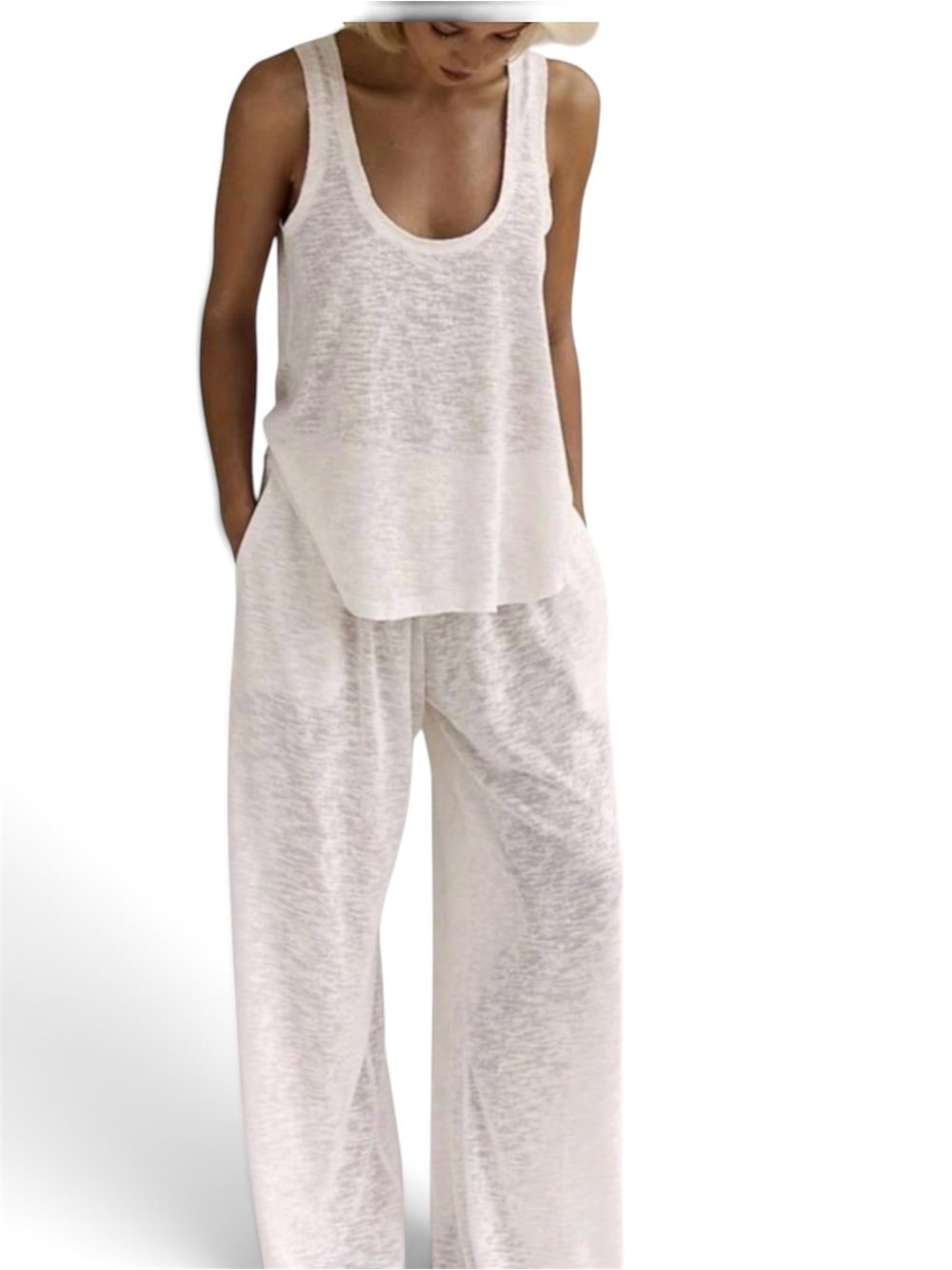 Lightweight White Tank & Wide-Leg Lounge Set - Women's white/S NWOT